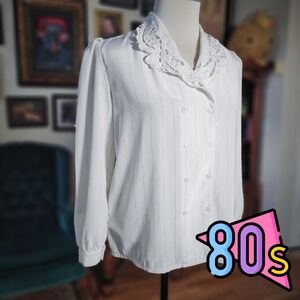 Vintage 80s Wing Ming White Pinstripe Blouse Lace Collar Double Breasted Medium